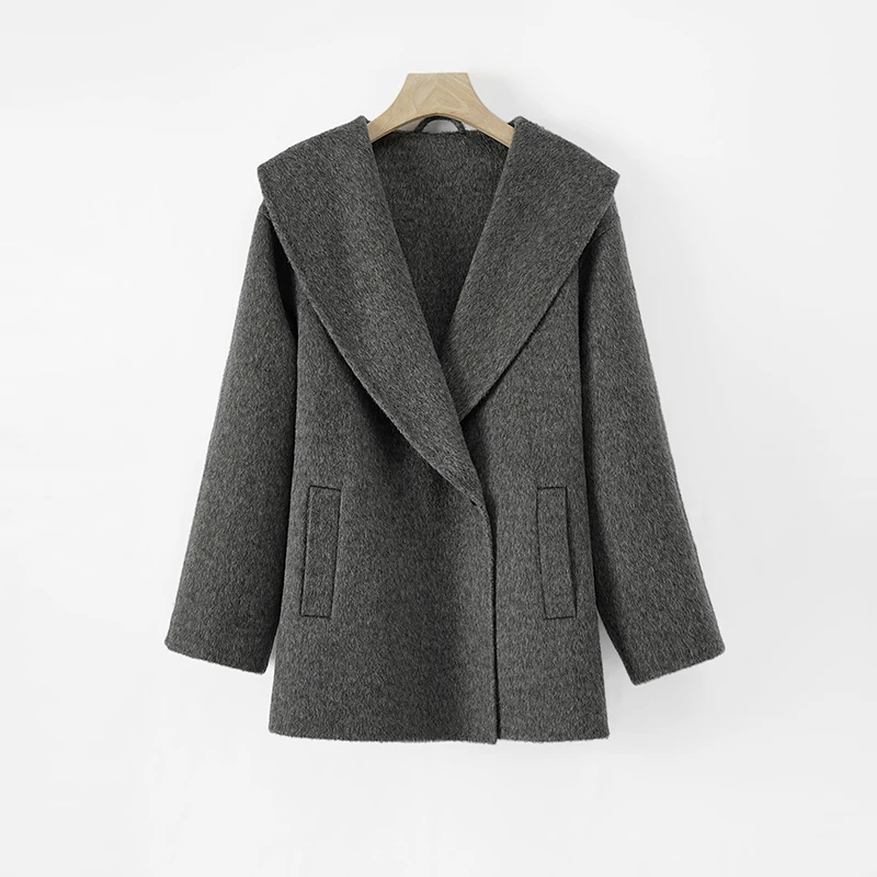 【初爱】双面呢大衣短款时尚百搭休闲宽松设计师中长款翻领88217