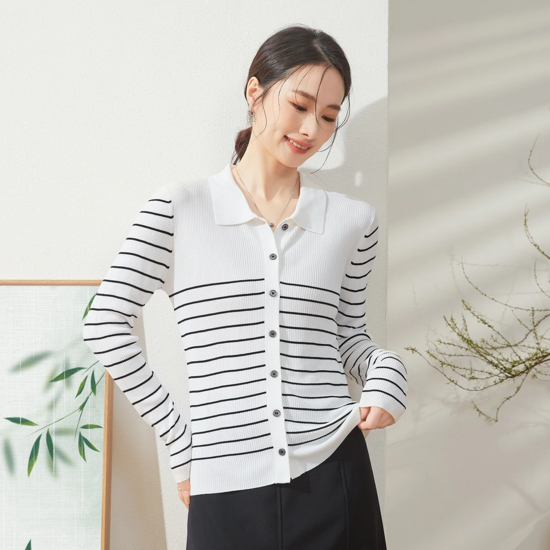 春竹25秋冬时尚条纹撞色长袖针织衫显瘦气质百搭薄款女士开衫外套