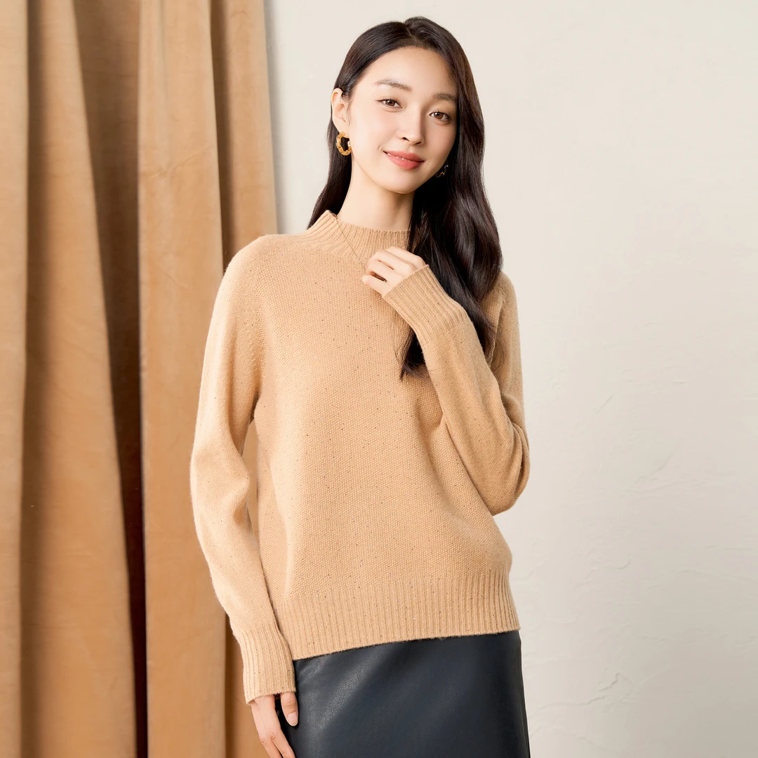 春竹~2024秋冬新款纯色圆点长袖针织衫半高领女士套衫宽松羊毛衫