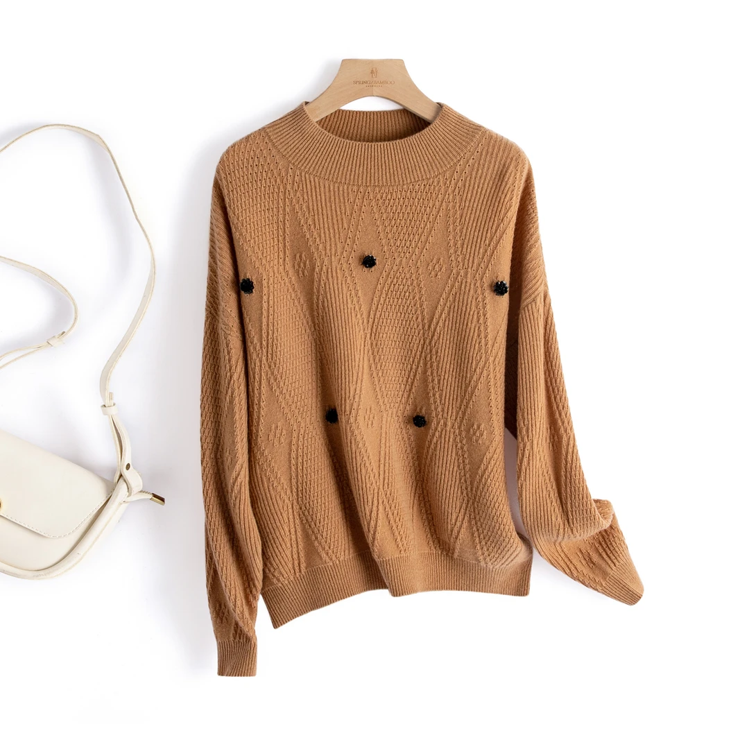 春竹25秋冬绣花9针半高领宽松羊毛衫长袖针织衫高档女毛衣羊毛衫