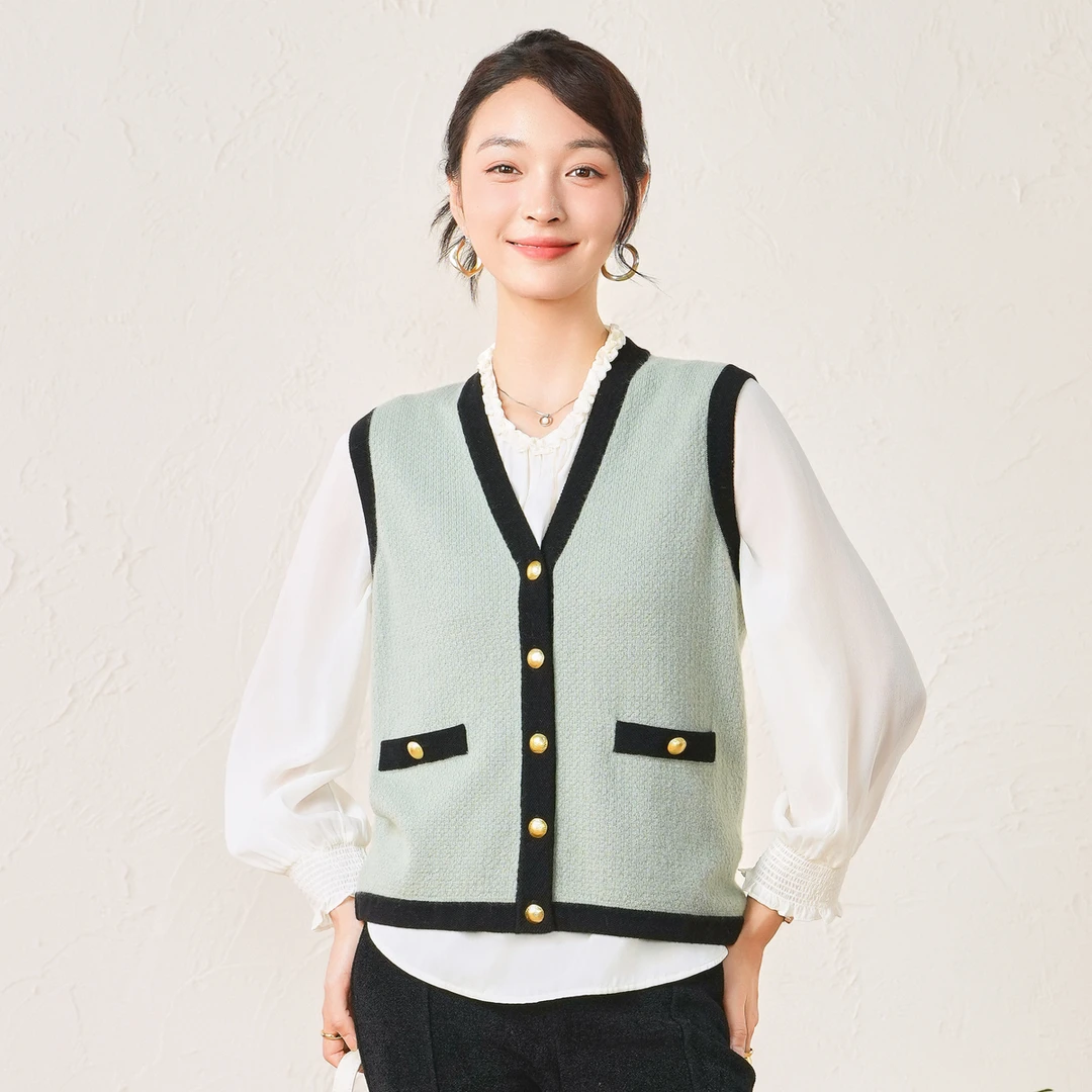 春竹25秋冬法式小香风撞色纯羊毛衫时尚百搭V领毛衣女士开衫马甲