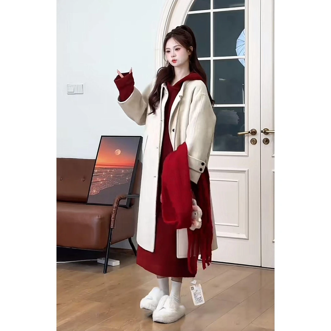 时尚欧美中长款连帽两件套显瘦连衣裙慵懒针织大衣套装宽松女秋冬