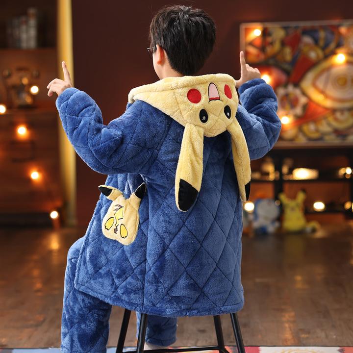 儿童冬季加厚加长款宝宝三层夹棉家居服珊瑚绒男童法兰绒睡衣套装