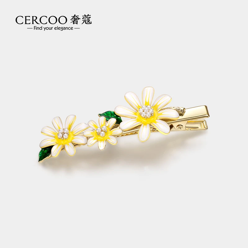 Cercoo/奢蔻雏菊清欢手工滴油发卡水晶捏夹侧边夹优雅发夹刘海夹