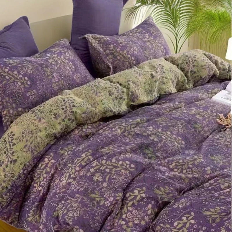 风铃花 双层纱四件套     （椰壳扣标准）  提花碎花复古双面工艺款