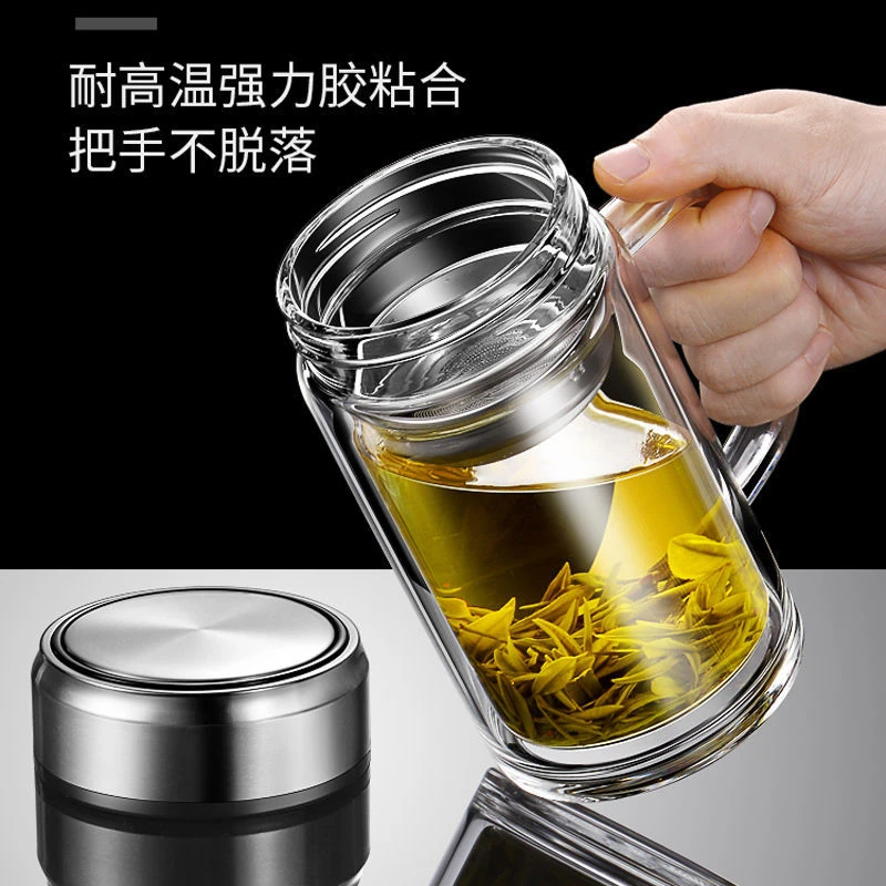 双层玻璃杯隔热耐高温带把手办公泡茶杯水杯男带盖透明杯子定制