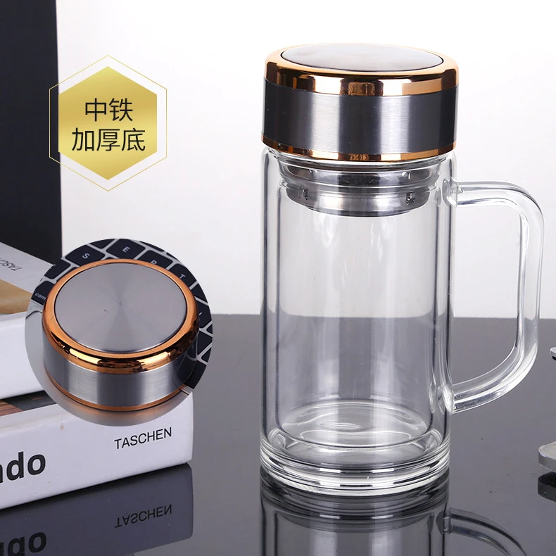 双层玻璃杯带把办公杯家用喝水杯男大容量泡茶杯带盖杯子高档隔热
