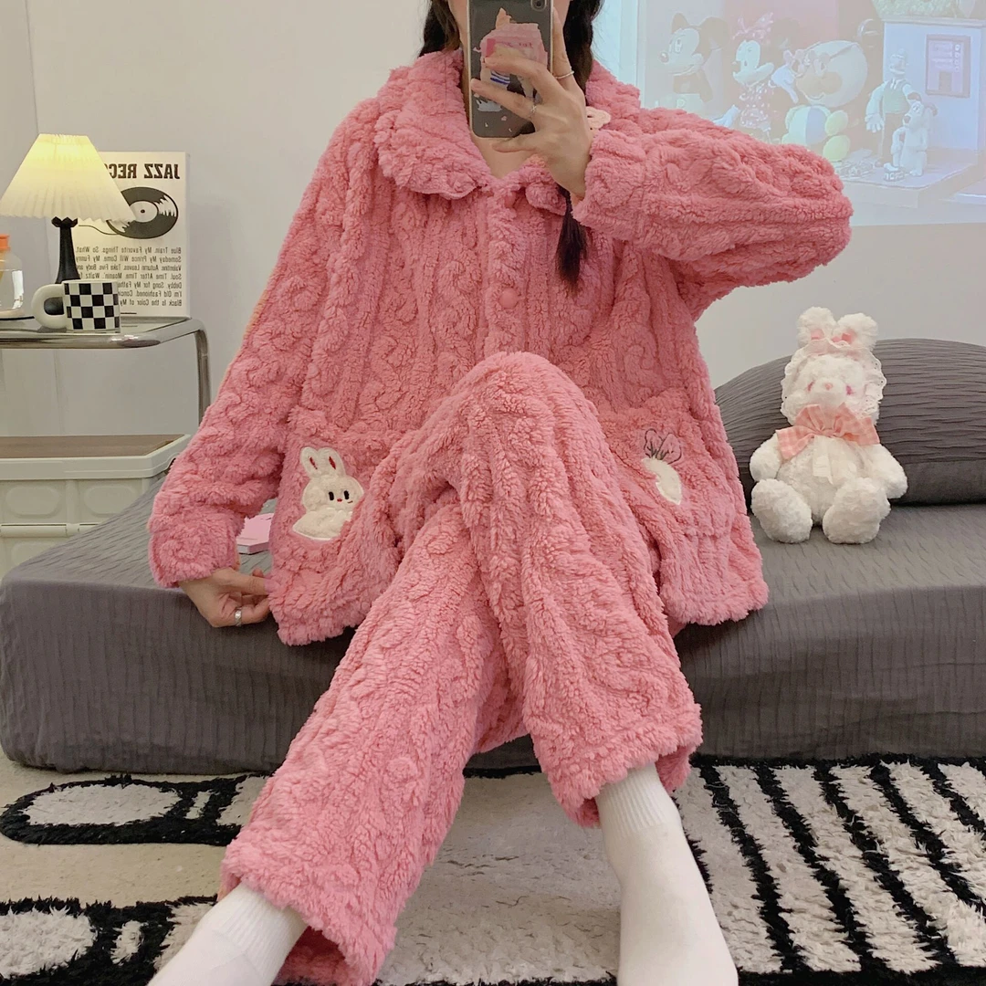 （达人专属）小兔子加绒大码舒适时尚长款保暖粉色女士甜美卡通加绒