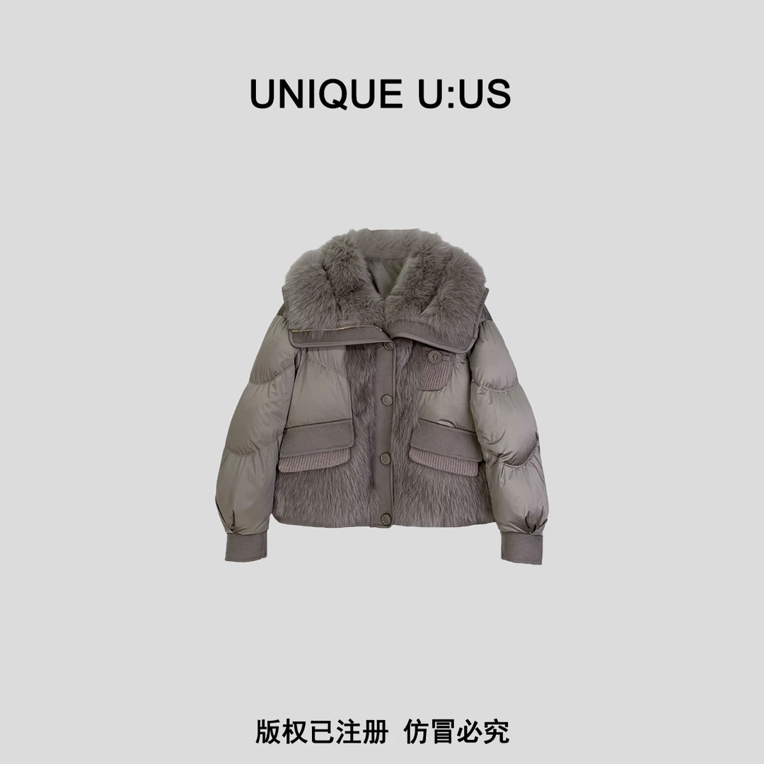 UNIQUE U:US【魅惑巴黎】狐狸毛领拼接气质90白鸭羽绒服-2311222