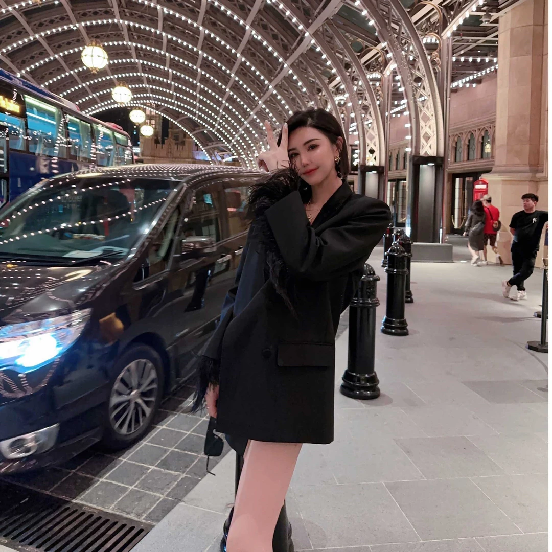 DOUWU【你的女神】亮面翻领袖长毛毛西服上衣外套WT10876