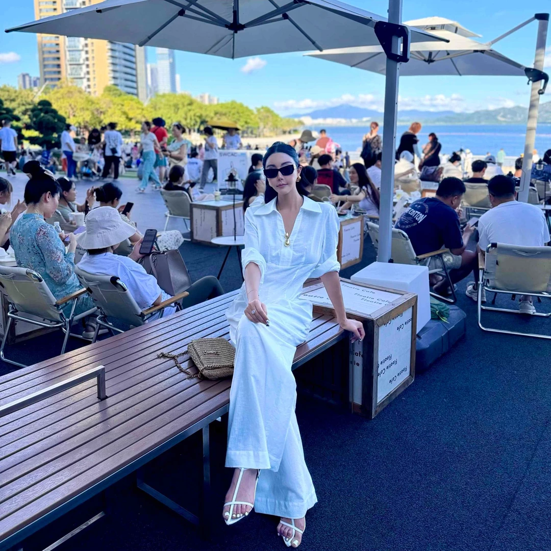 SNLNIE-DOUWU【午后女神】白色净版V领翻领上衣裤子LTQ12362