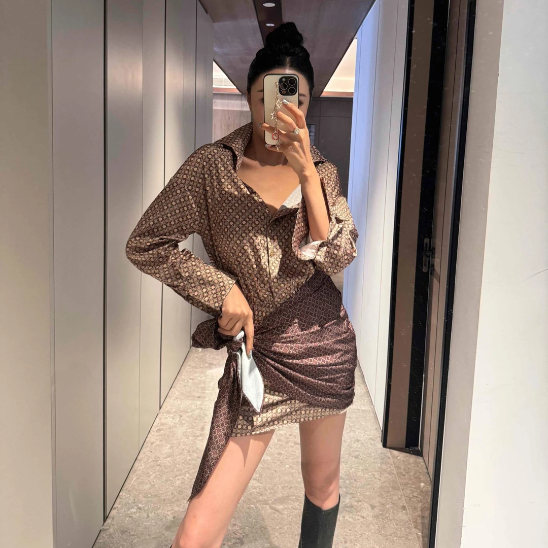 SNLNIEDOUWU【零度女神】咖色满身印花翻领衬衫系绳腰裙CS12220