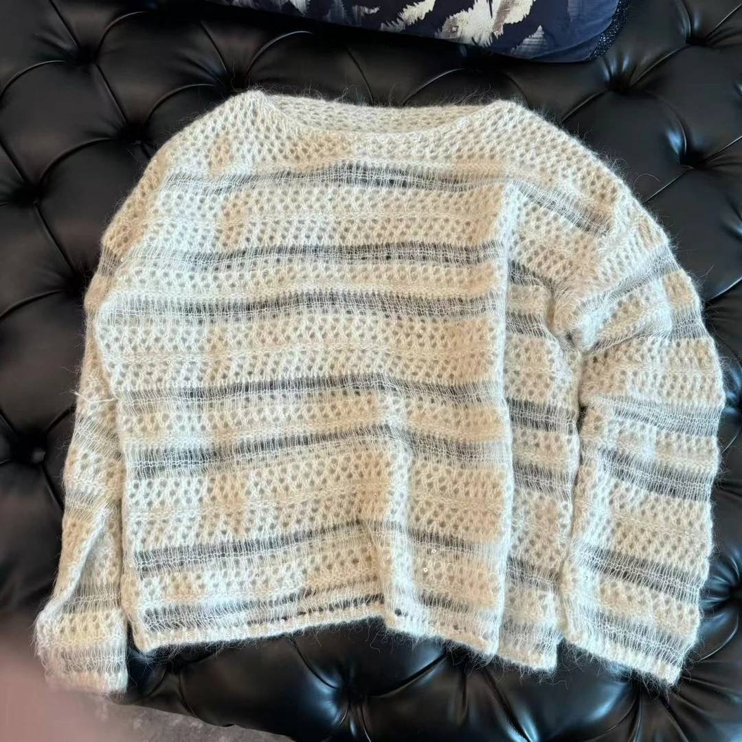 DOUWU【毛毛女孩】粉杏两色条纹镂空圆领长袖上衣SY12901