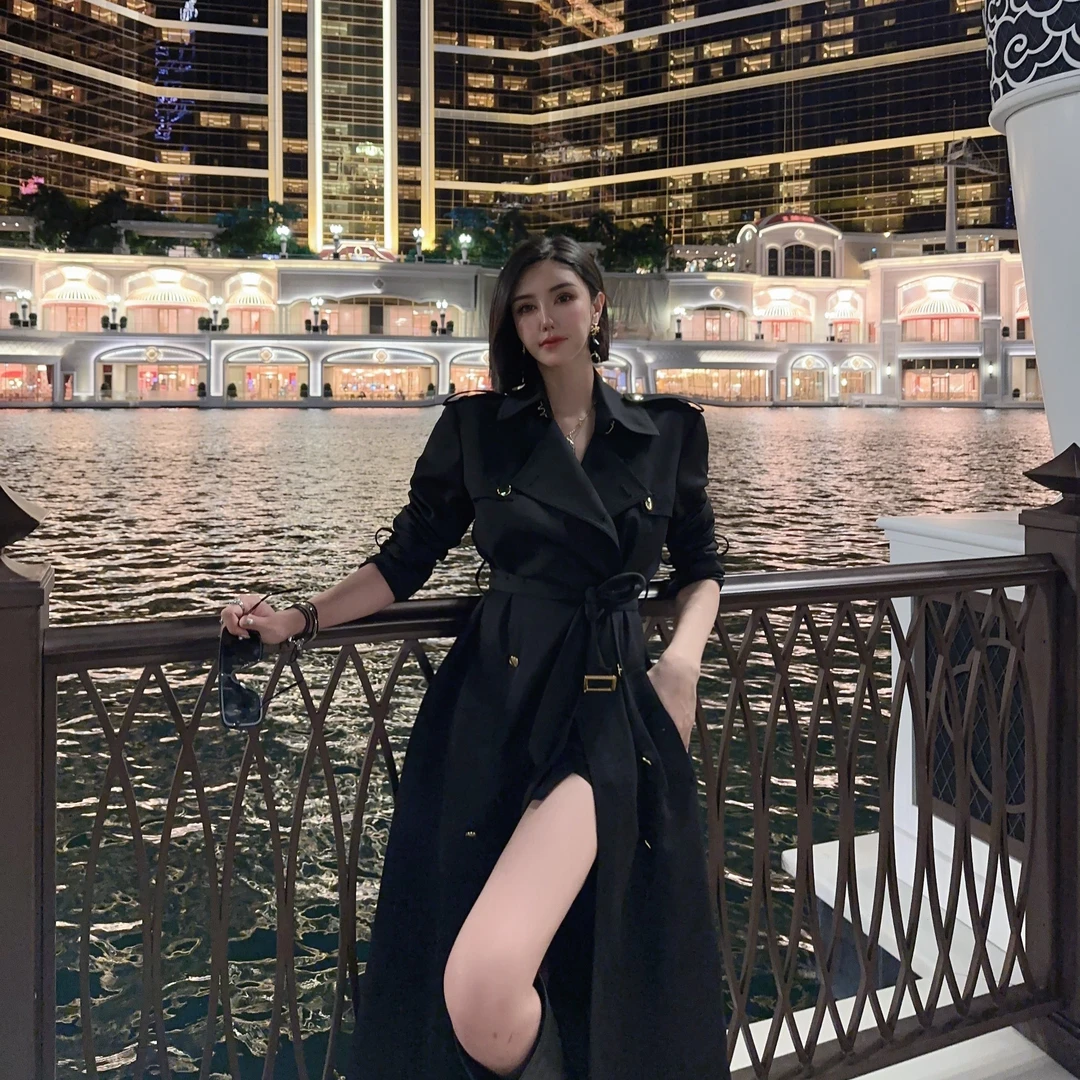 DOUWU【女神风衣】黑白两色翻领金扣金腰带轻奢风衣FY10822