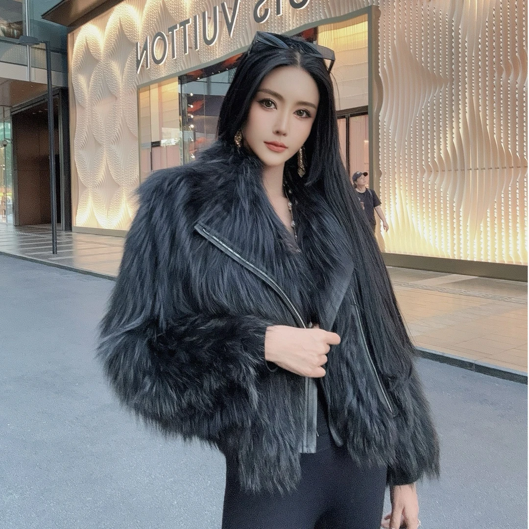 DOUWU【梦想女人】黑色新款毛毛翻领拼皮长袖外套WT12917