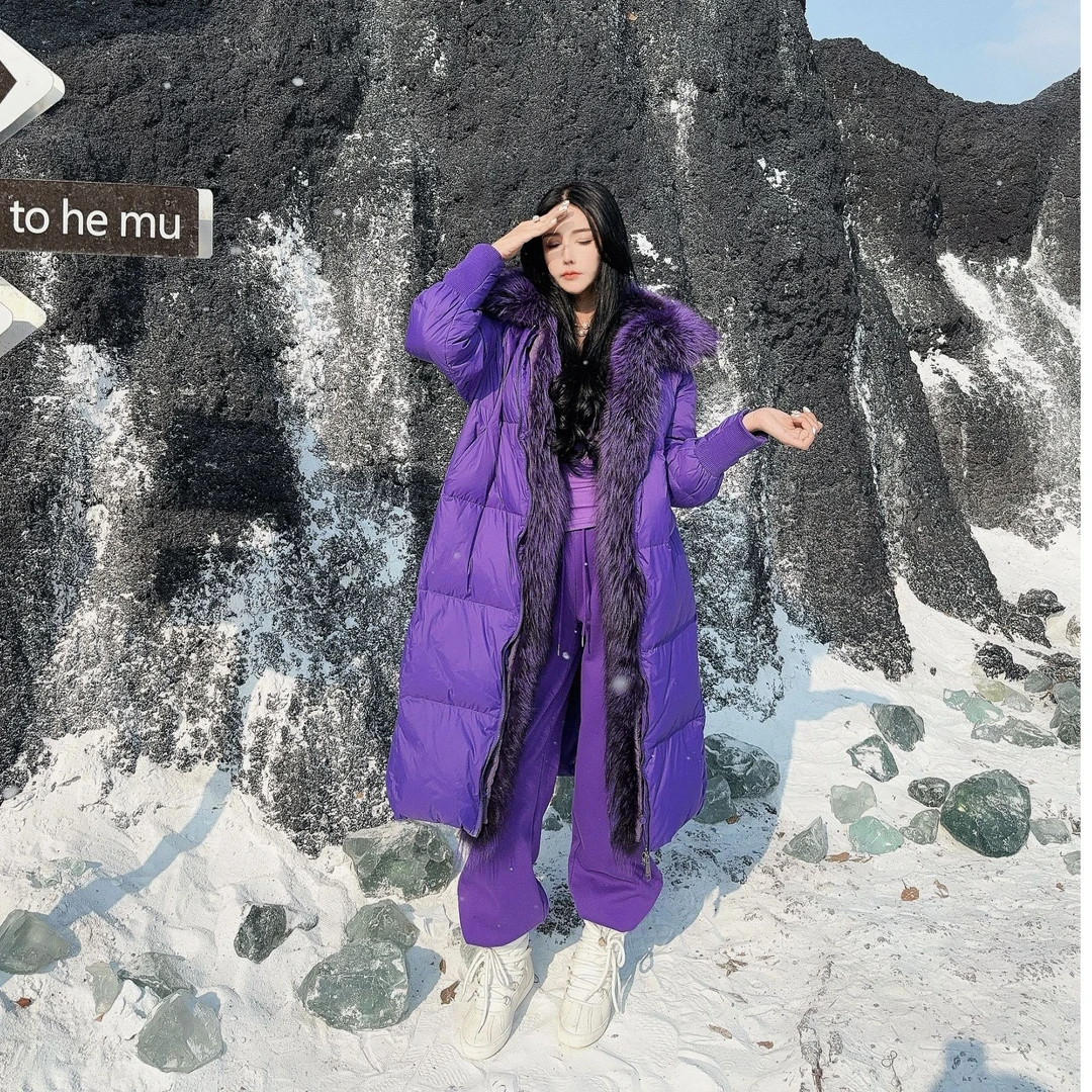 DOUWU【冬日暖心】黑白绿紫四色紫毛毛边侧拉链兜鸭绒外套WT12714