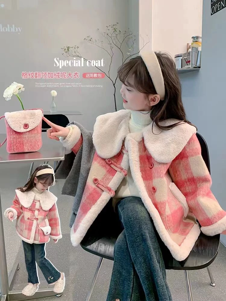 巴拉拉吧女童加绒外套冬装2023新款洋气儿童呢子大衣冬季加厚小女
