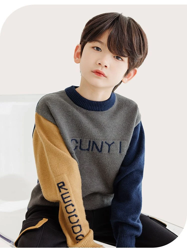 巴拉拉吧童装男童加绒加厚毛衣2023秋冬新品中大童袖字母提花儿童