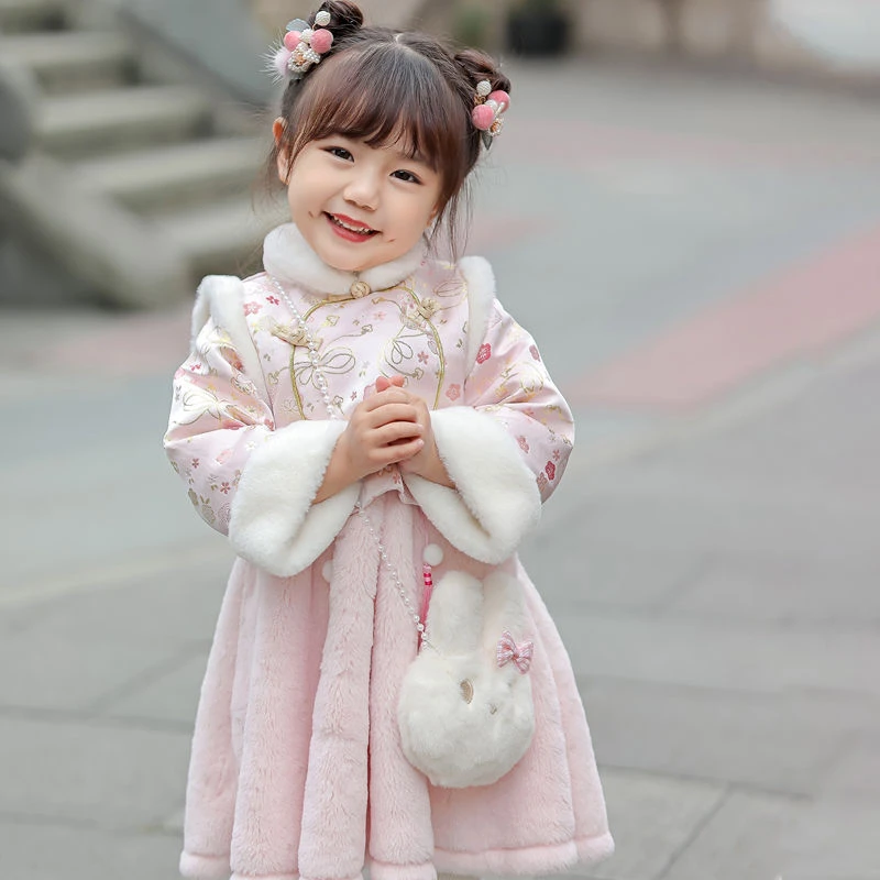 巴拉拉吧女童连衣裙拜年服2023冬装新款儿童周岁礼服唐装宝宝古装
