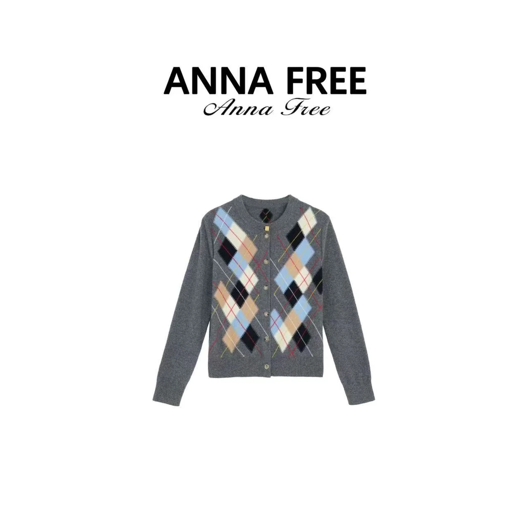 ANNA FREE【赴冬】秋季新款棱格撞色设计感毛针织开衫长袖Z8320