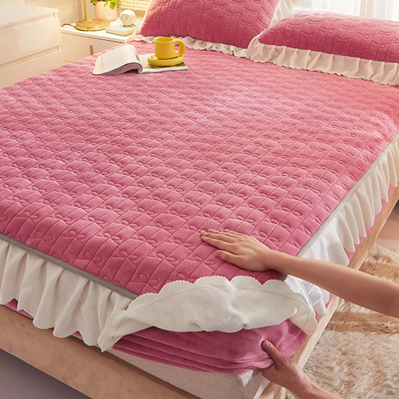 高档牛奶珊瑚法兰加绒厚床笠罩带床裙边式床单件新款防滑家用冬季