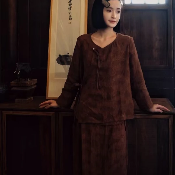 【四時合序】棉麻剪花斜襟复古套装新国风宽松圆领时尚轻薄