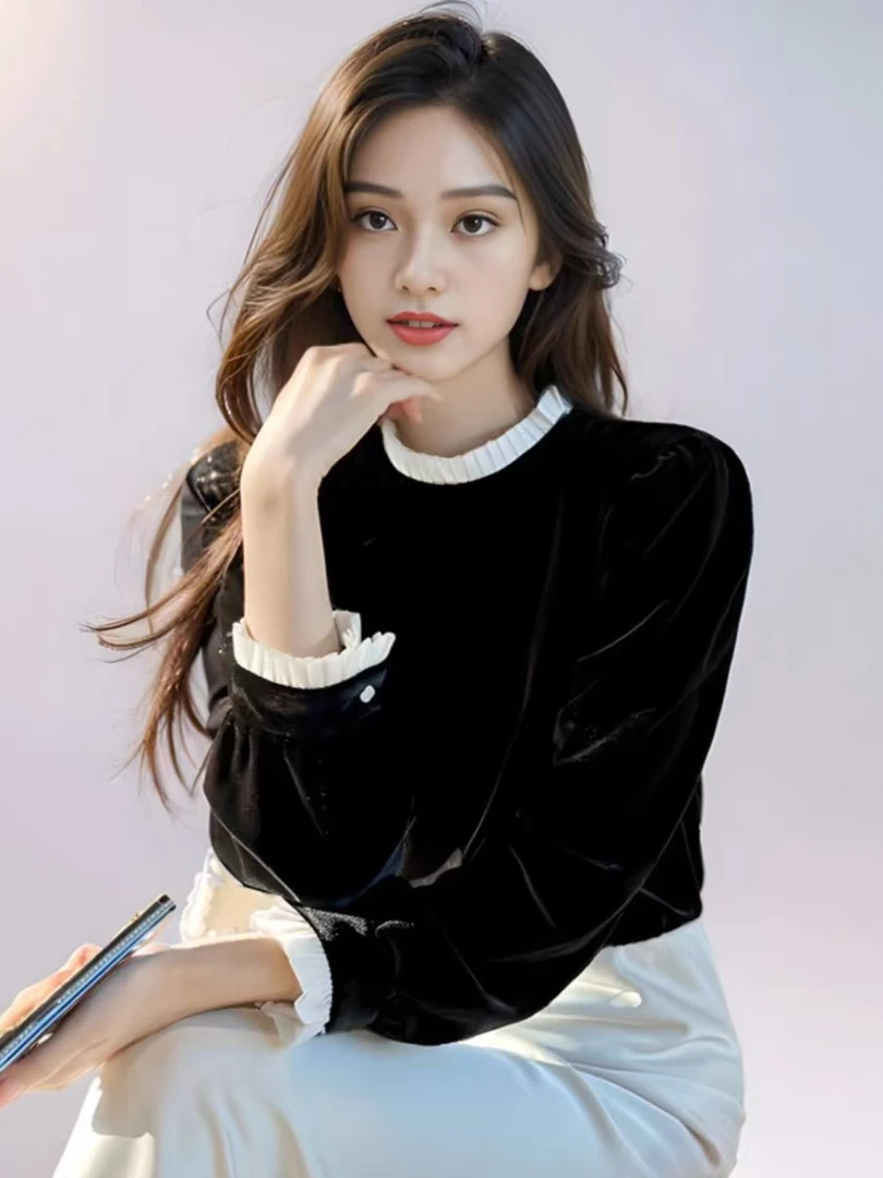 时尚气质衬衫2024秋季新款花边领温柔百搭执行丝绒衬衫上衣#5670