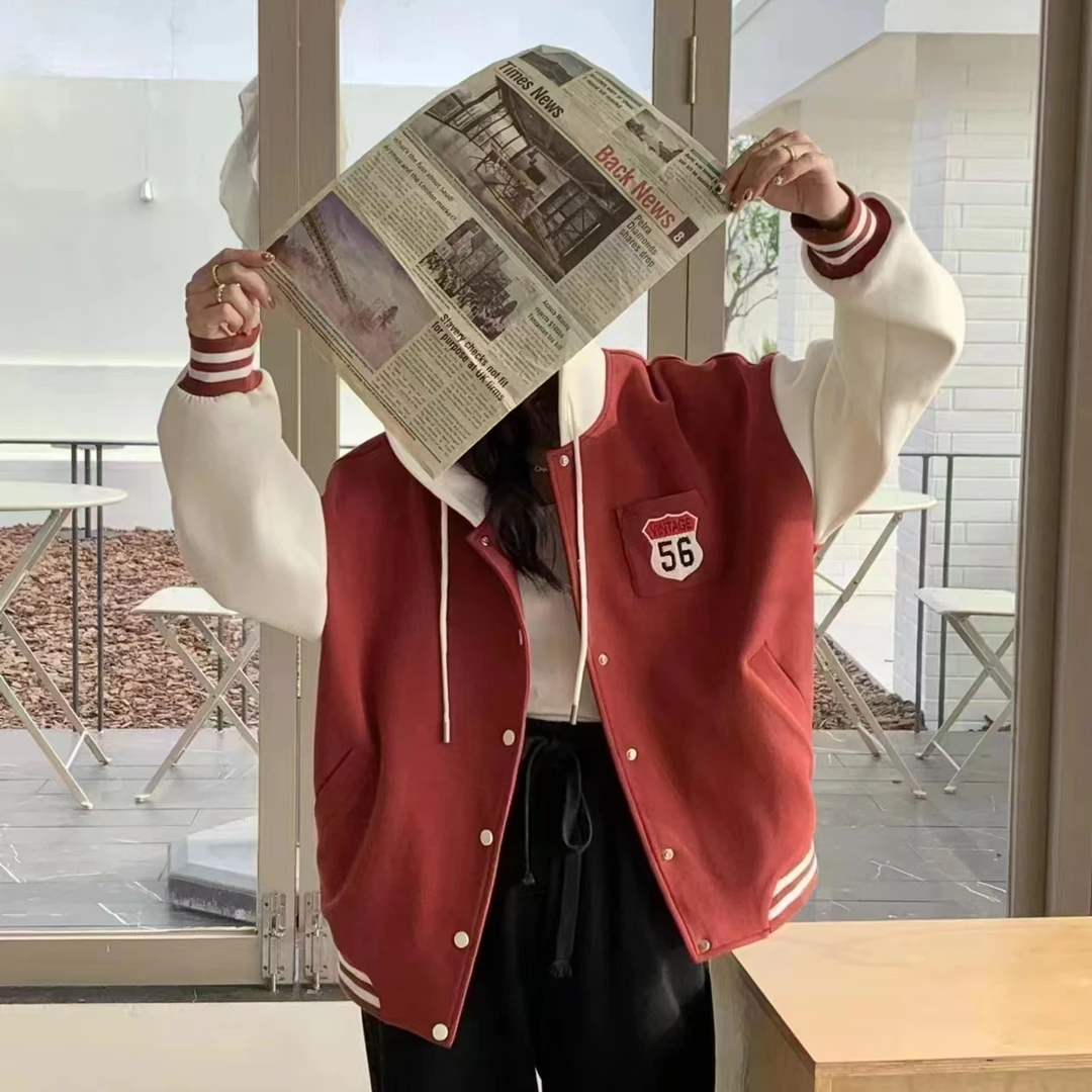 美式刺绣红色棒球服外套女春秋宽松连帽休闲复古休闲上衣