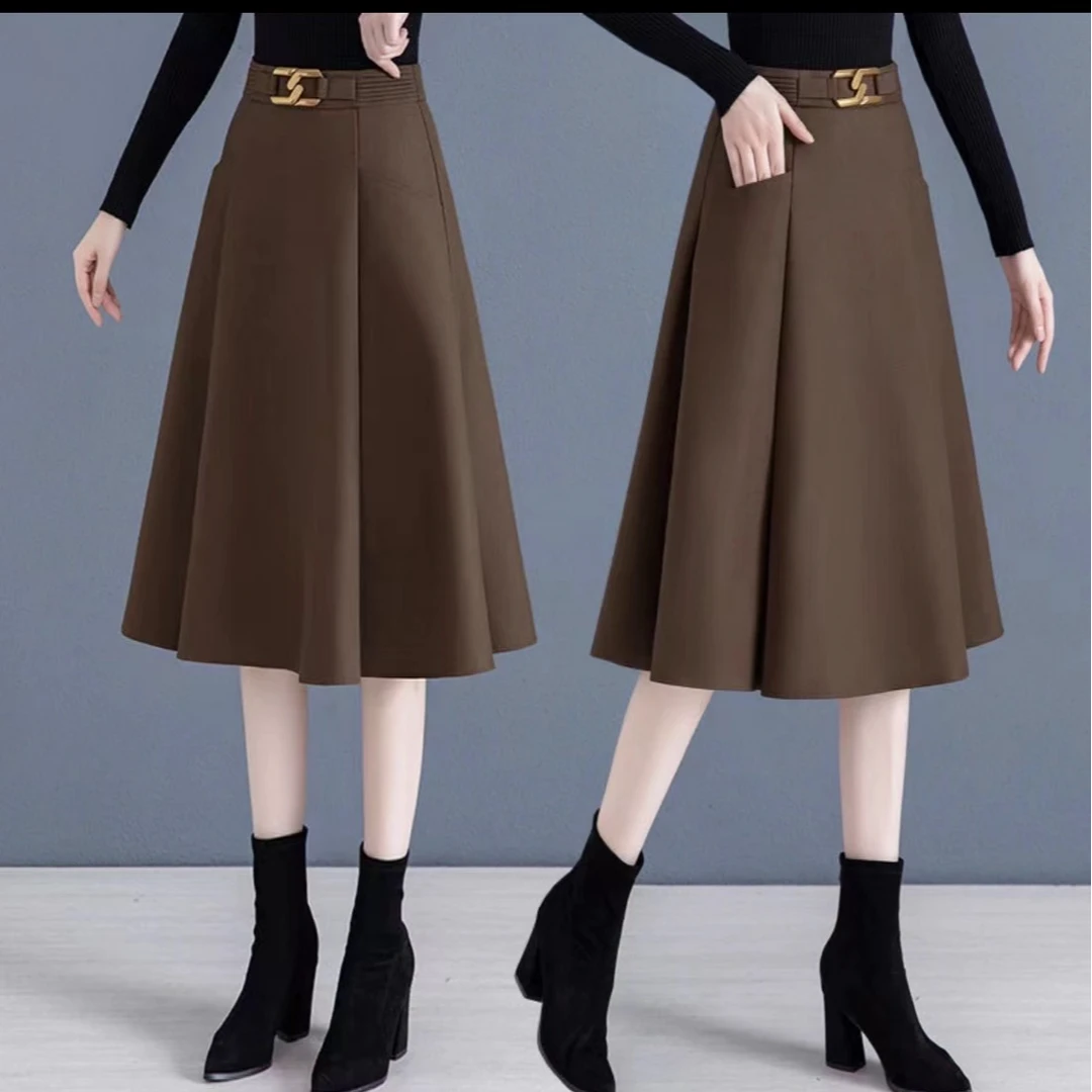 9615毛呢半身裙女春秋冬季2024新款百褶裙中长款显瘦遮胯A字裙