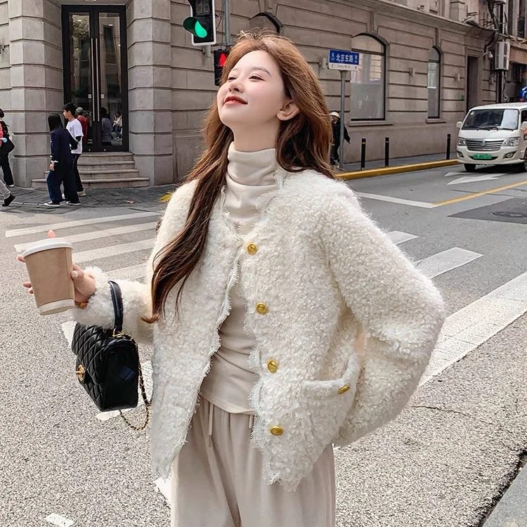 加棉羊羔毛小香风外套女秋冬季2024现款设计感休闲厚款外套#23377