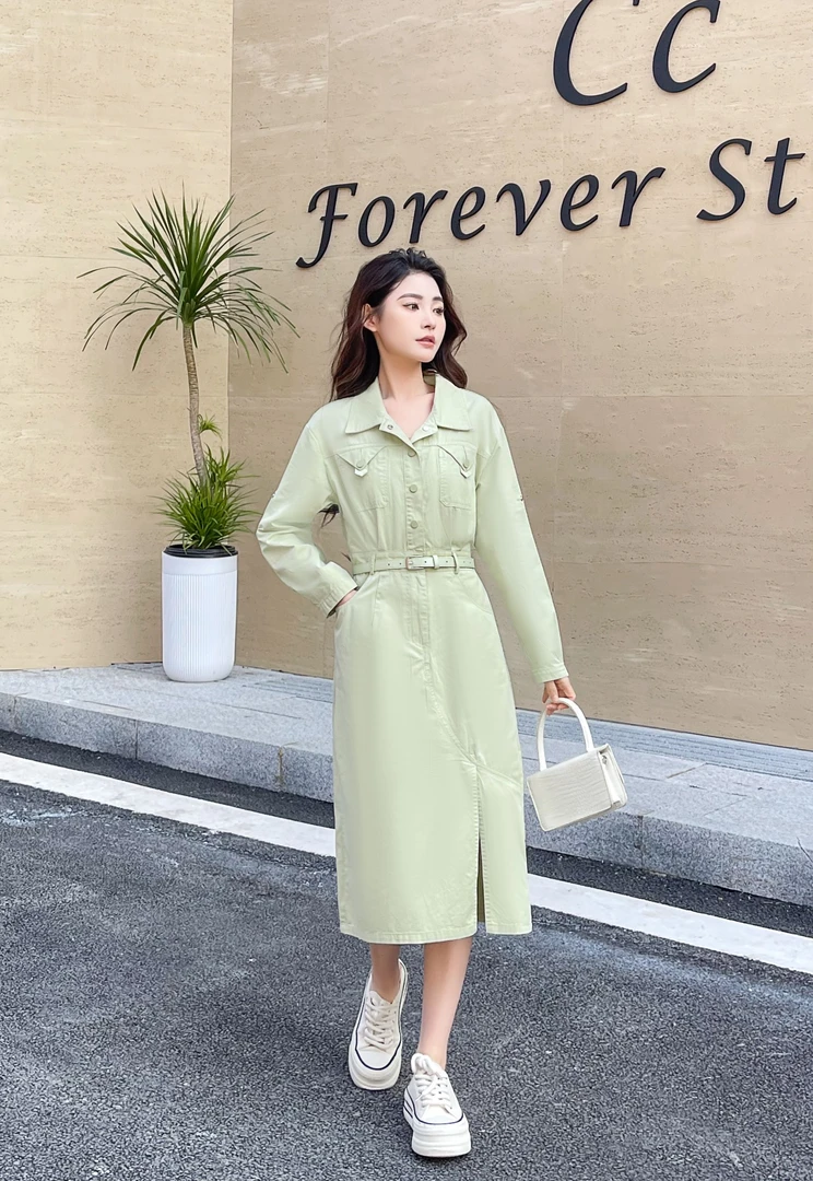 88021【长108】工装风设计感衬衫裙子女春秋时尚休闲收腰a字连衣裙