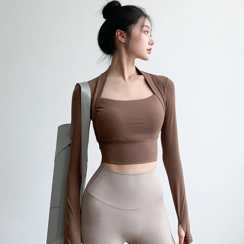 带胸垫瑜伽服秋冬假两件运动上衣女紧身跑步长袖普拉提训练健身服