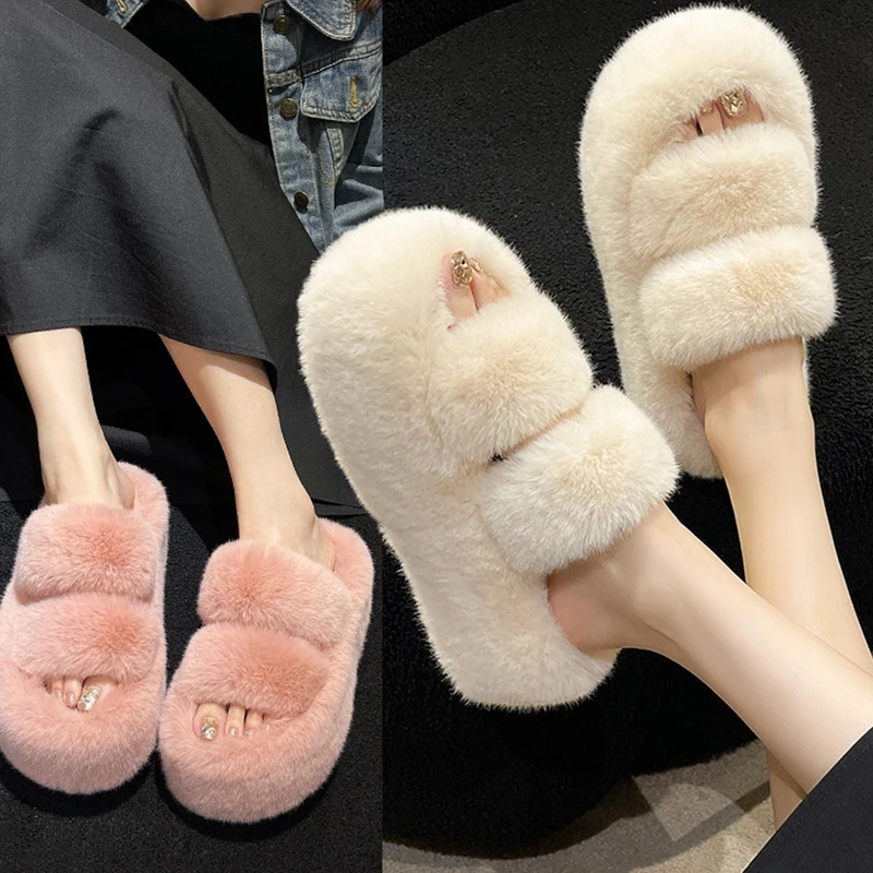 2025新款厚底毛毛拖鞋女秋冬季防滑一字拖室内家用外穿毛绒棉拖鞋