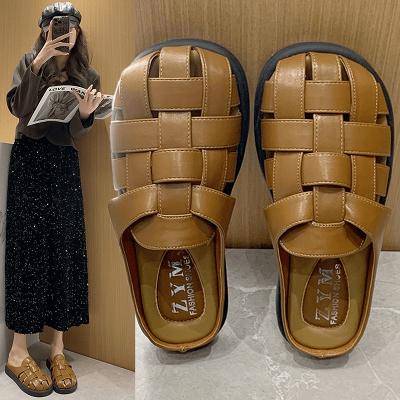 醉美足 包头半拖鞋女夏外穿2024新款复古编织镂空软底一脚蹬懒人博肯女鞋