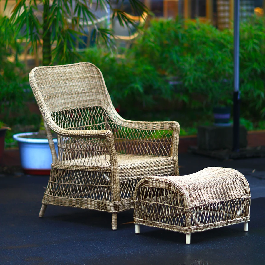 天然青藤休闲椅半躺户外庭院阳台编织单人复古北欧风中古藤椅组合