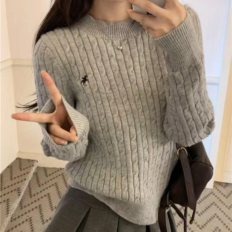 麻花套头针织衫女2024秋冬新款设计感刺绣毛衣宽松内搭长袖上衣