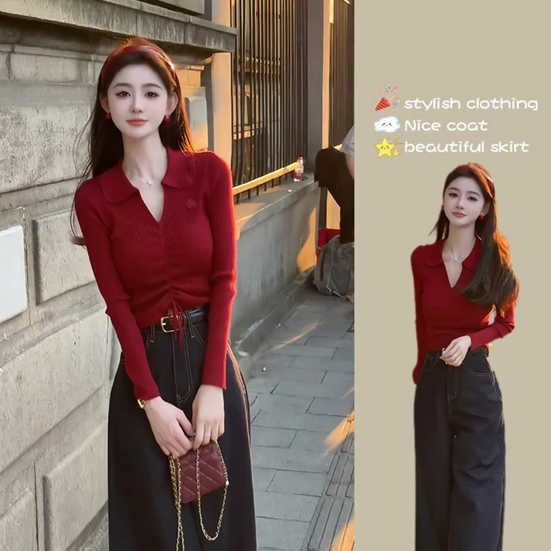 时尚百搭显瘦气质简约抽绳设计感针织衫毛衣女秋冬新款修身上衣潮