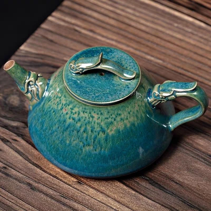 奇人匠心 钧瓷泡茶壶茶杯手工龙吟壶休闲办公室茶壶青绿 陶瓷家用