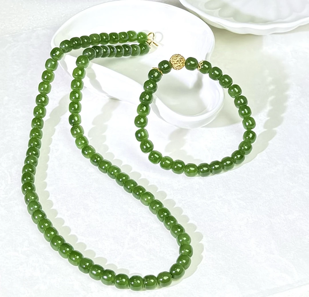 天然和田玉俄料碧玉帝王绿妈妈时尚绿色 阳绿 18k扣头项链