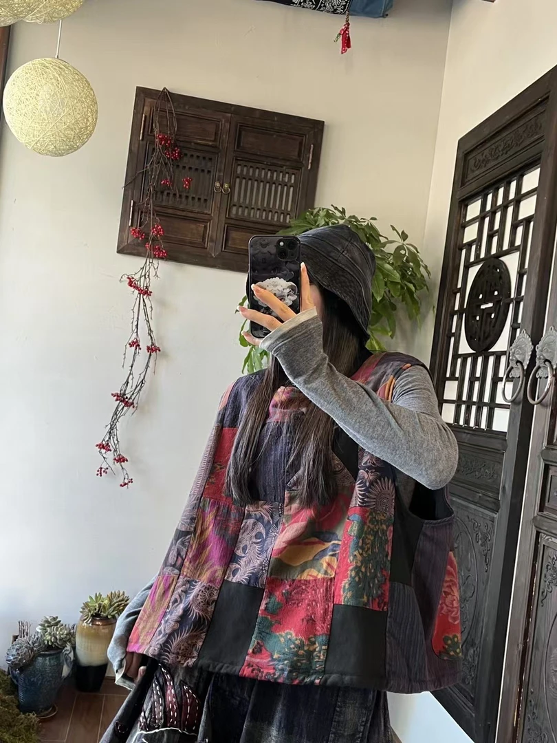 复古民族风冬季新品百家布拼接盘扣做旧马甲百家布休闲裤套装