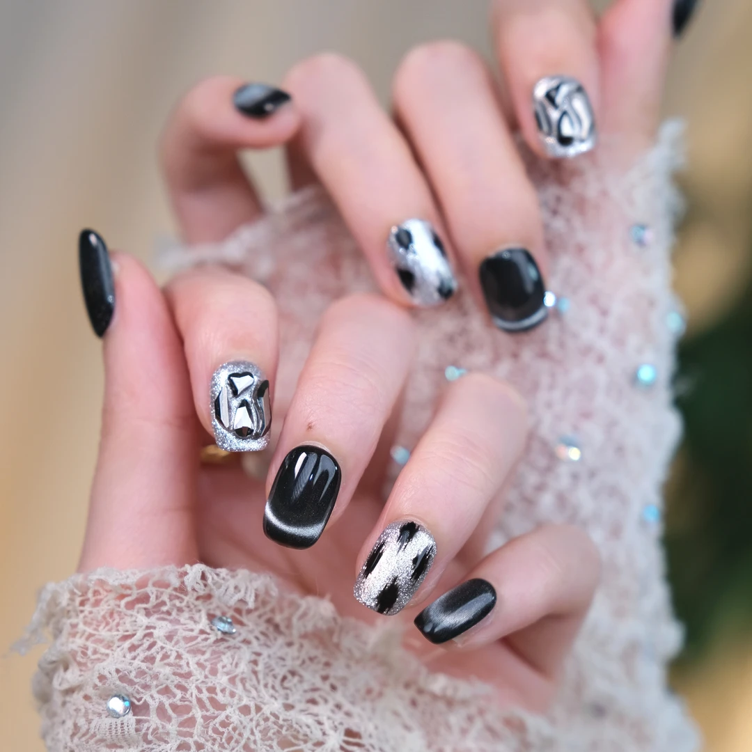 断码【双光豹纹】新短圆/新短方/中梯 黑色双光猫眼豹纹显白穿戴甲