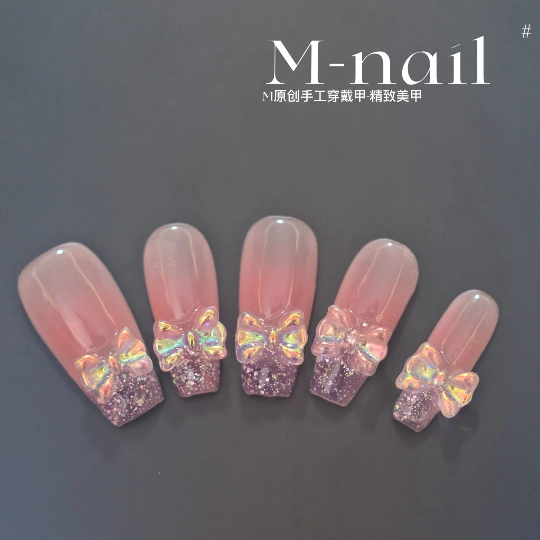 现货【一纸情书】中梯/长T 法式腮红渐变极光蝴蝶结纯手工穿戴甲