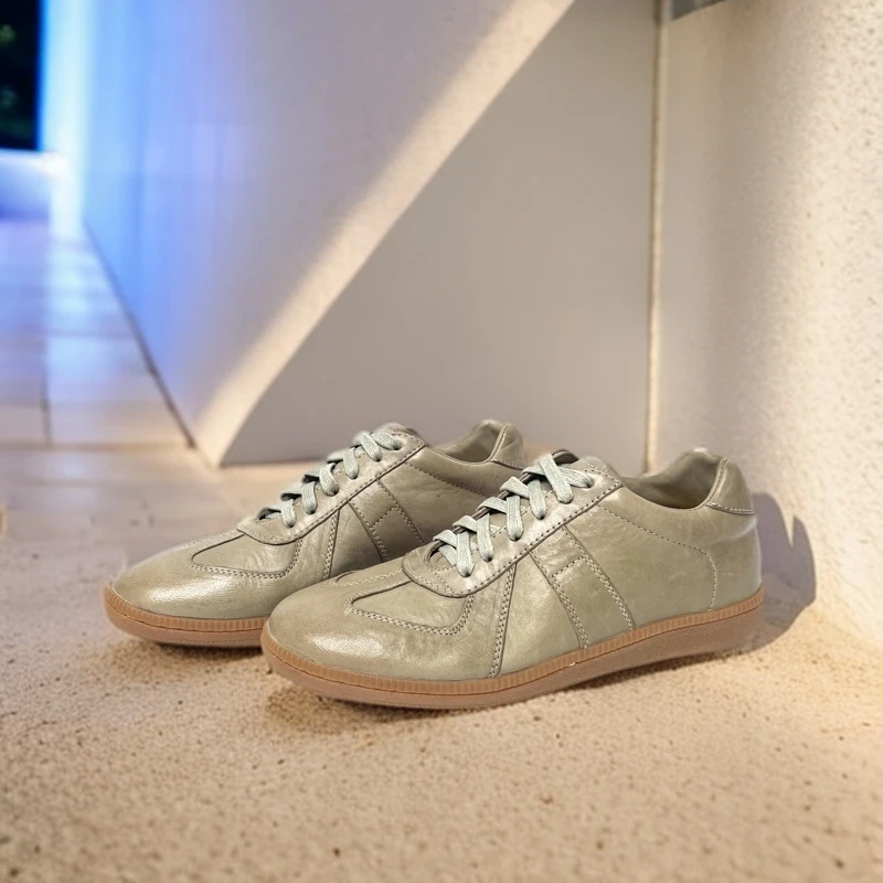 手工水洗马皮平底德训鞋女百搭低帮圆头复古系带休闲鞋220-F3