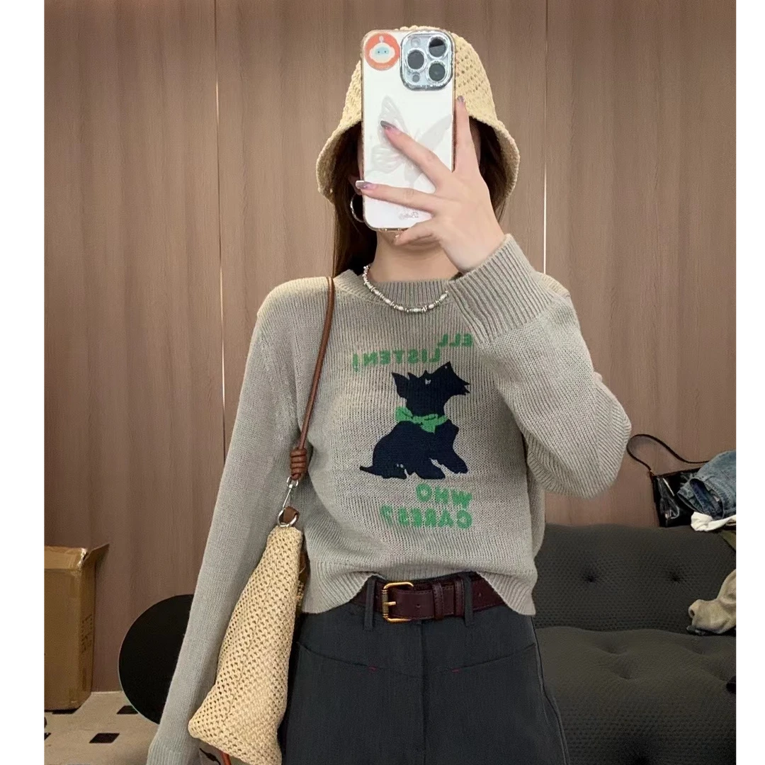 【LIbaibai】早秋新款绿色小狗针织长袖上衣BB-1097