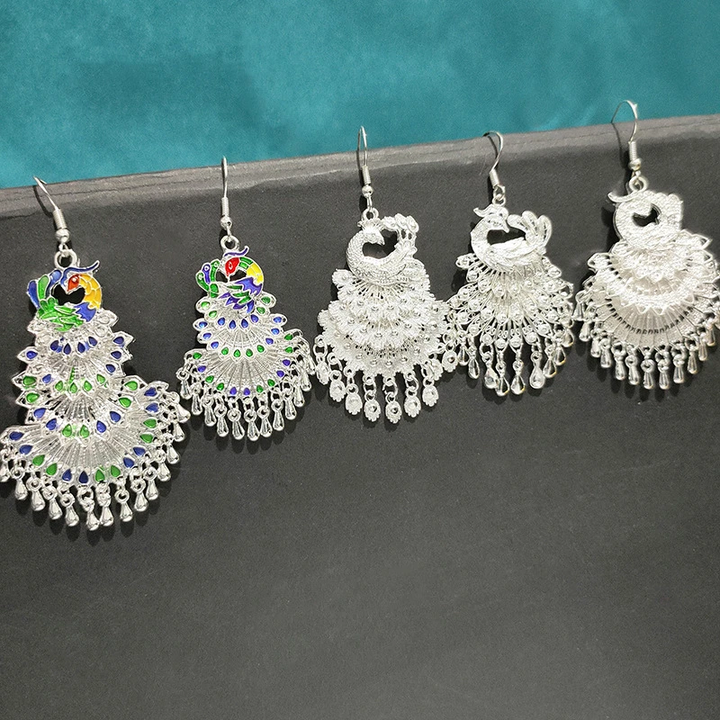 合金耳饰 孔雀南飞少数民族耳环耳坠孔雀回头凤凰耳环古风耳饰