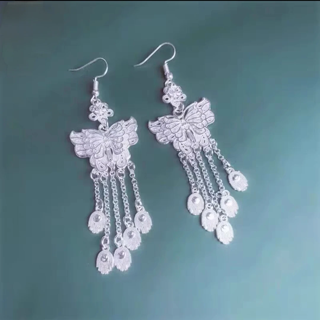 合金耳饰 气质蝴蝶流苏耳环新中式超仙女耳饰少数民族百搭耳坠