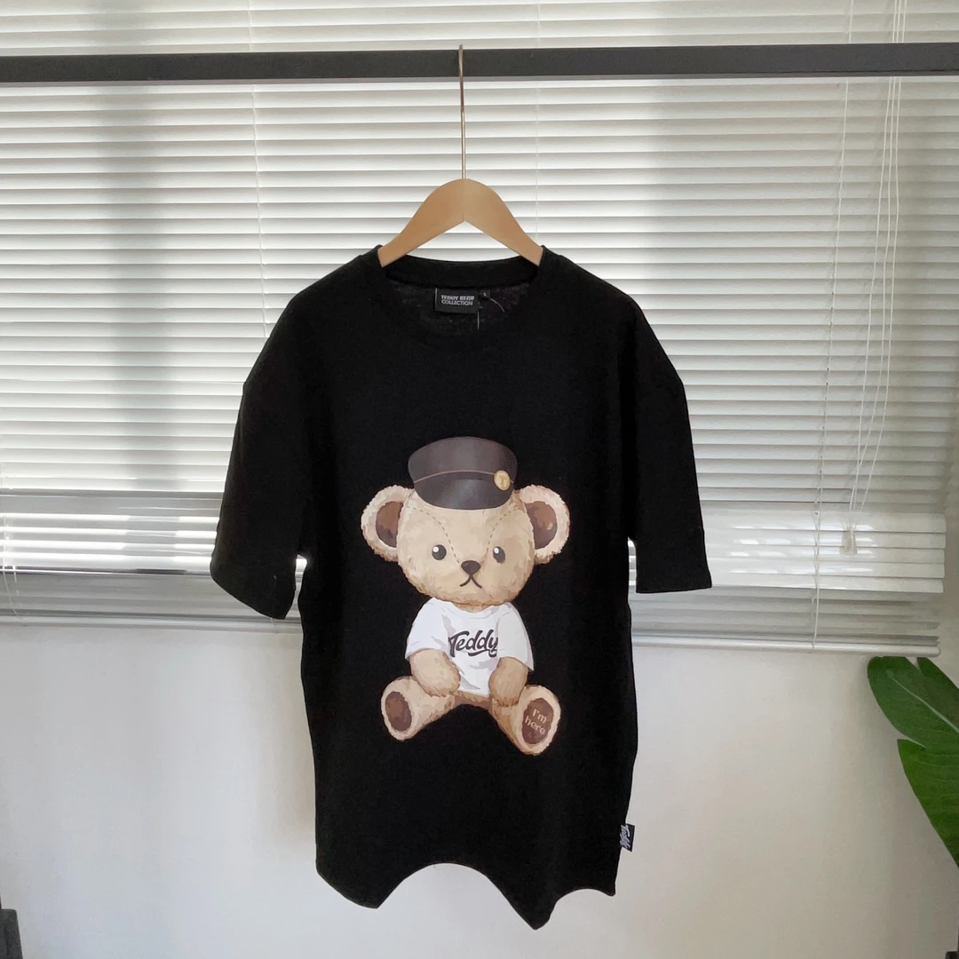 Z-20 圆领棉质黑色戴帽小熊男女款休闲T恤