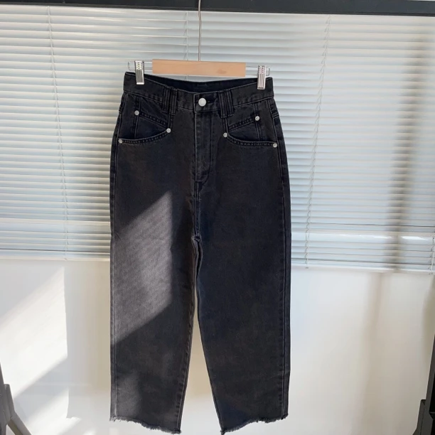 H221 炭黑色毛边休闲直筒休闲牛仔裤