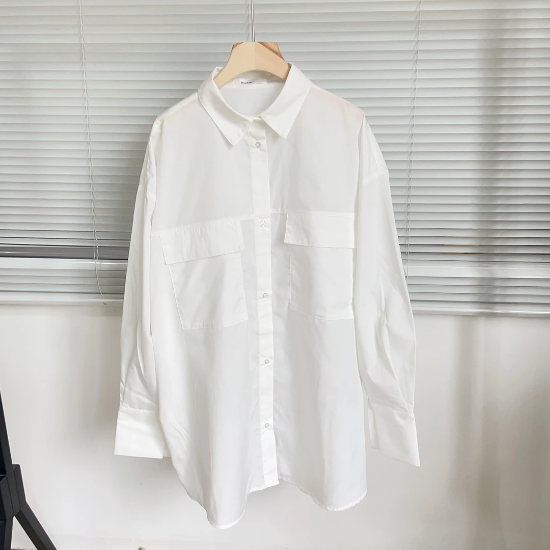 E113 大版宽松双口袋带盖休闲宽松衬衫