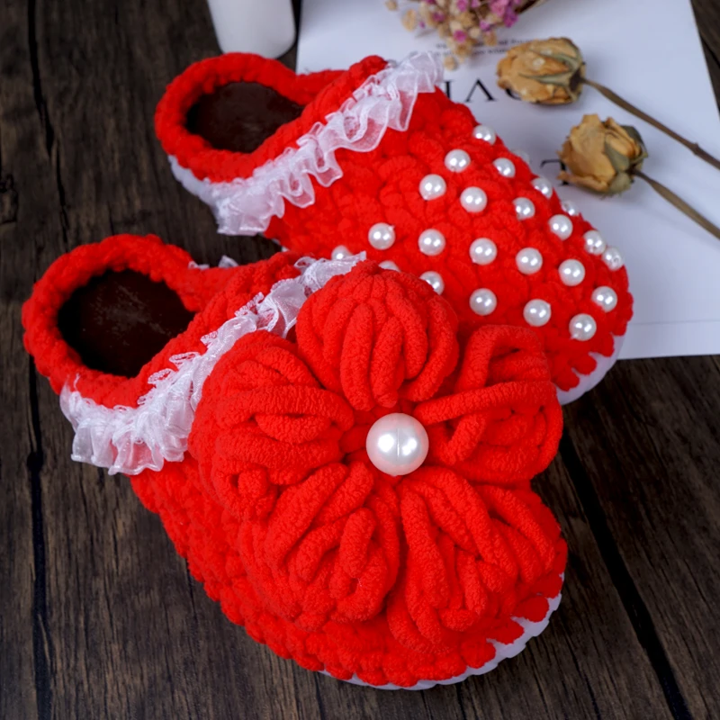 手工编织泡芙花拖鞋网红 钩织家居拖鞋diy材料包花朵细冰条毛线